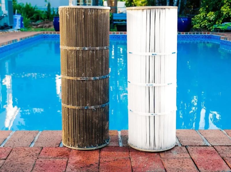 Pool cartridge filter before and after cleaning
