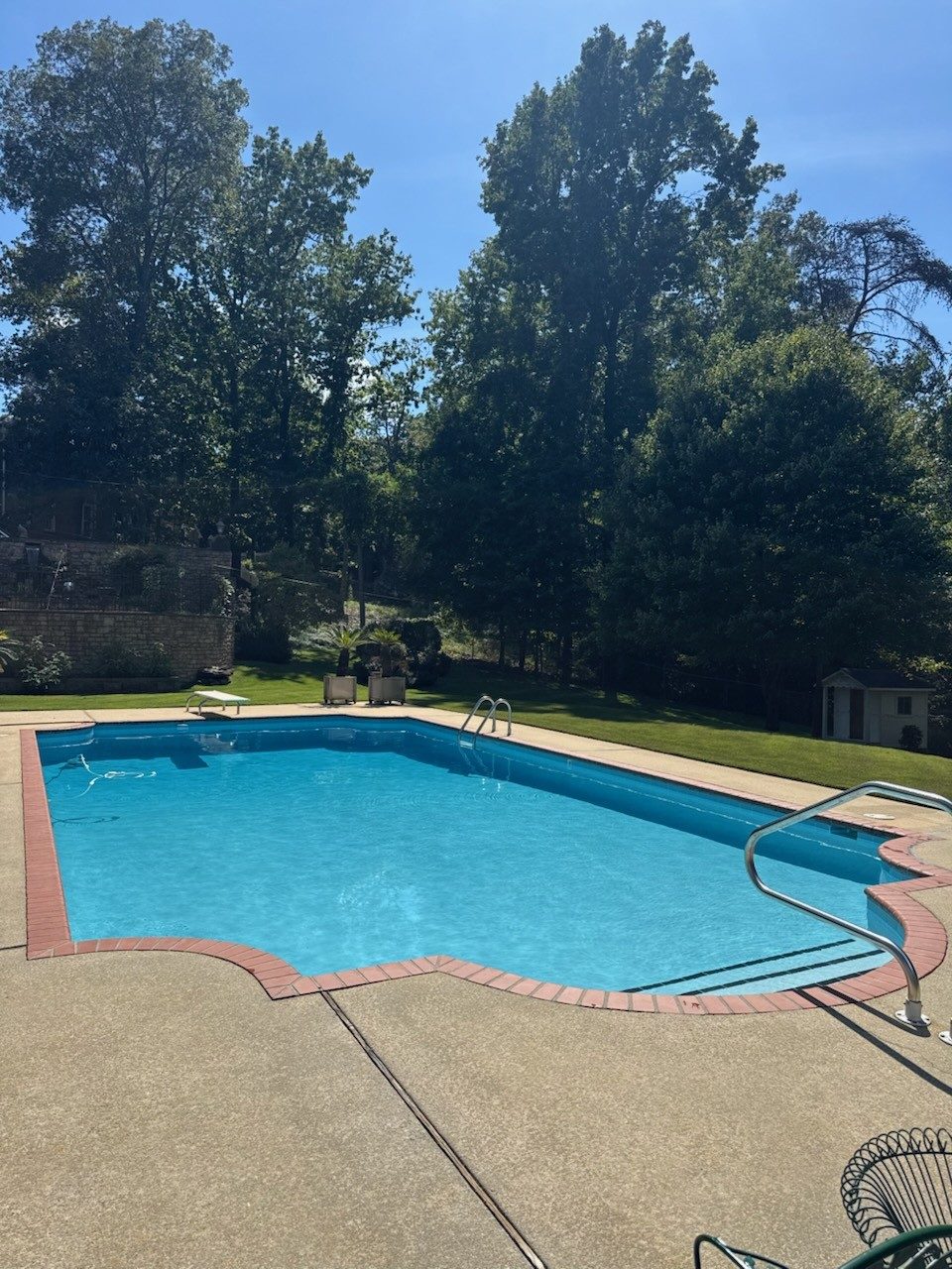 Clear freeform pool with brick coping on a wooded hillside lot